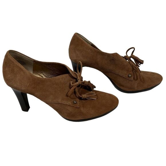 Anne Klein Light Brown Suede Leather zipper Lace Up Ankle Booties With Heels - Picture 1 of 12